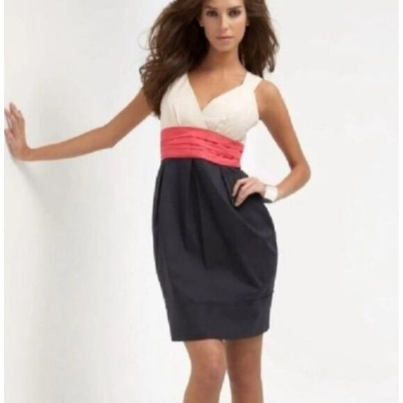 NWT BCBGMaxAzria Cream Pink & Navy Blue A-Line Dress Colorblocked Cocktail Sz 8 - Picture 1 of 5